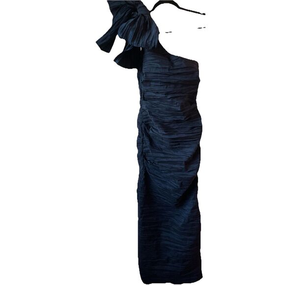 NWT's Alex Evenings Navy Blue Bow Detail One-Shoulder Ruched Satin Gown Size 6 $ - Picture 3 of 5